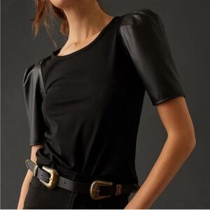 Anthropologie black top w faux leather puff sleeves and a low back goth Medium